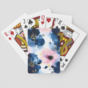 Baraja De Cartas Azul Marino Rosado Dorado Floral Acuarela