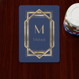 Baraja De Cartas Azul Marino y Geométrico Dorado   Monograma y Nomb