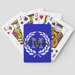 Baraja De Cartas Azul Real con Corona de la Victoria y Monograma/No