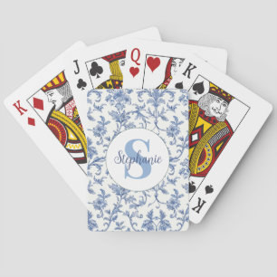 Baraja De Cartas Azul Toile Monograma Nombre Patrón Floral Francés