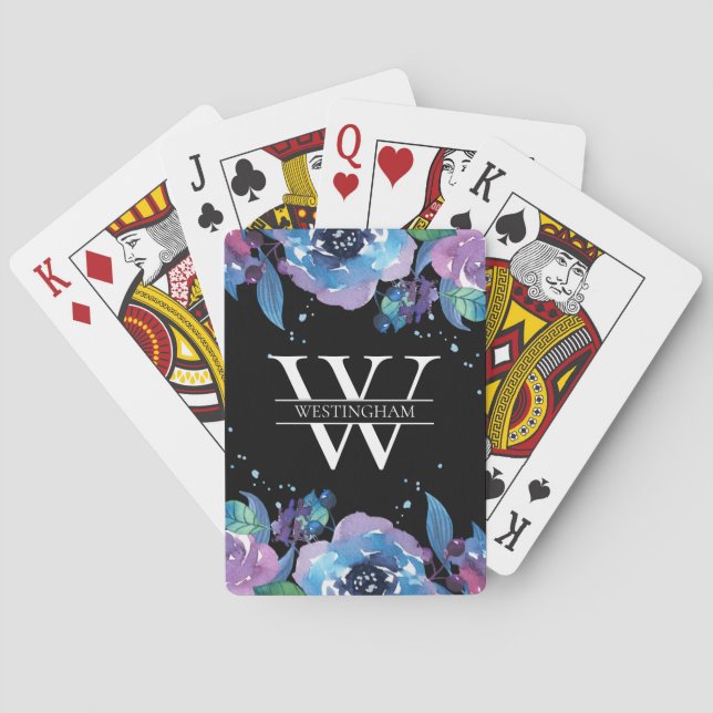 Baraja De Cartas Azul y púrpura acuarela Floral nombre de monograma (Reverso)