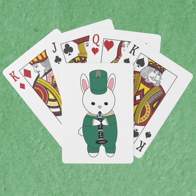 Baraja De Cartas Banda de marcha de conejo clarinete dorado verde (A deck of cards with a rabbit playing the clarinet in a green and gold marching band uniform.)