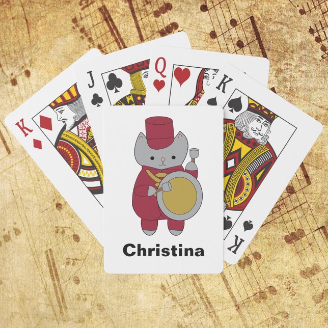 Baraja De Cartas Banda de marchas de gato personaliza el marrón y e (A cute deck of playing cards featuring a bass drum playing cat in maroon and gold)