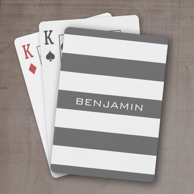 Baraja De Cartas Bandas de rugby blancas y grises con nombre person (Personalized playing cards - sporty, preppy stripe pattern with name. Great gift for the guys!)