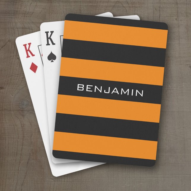 Baraja De Cartas Bandas de rugby de naranja y negro con nombre pers (Personalized Playing Cards)