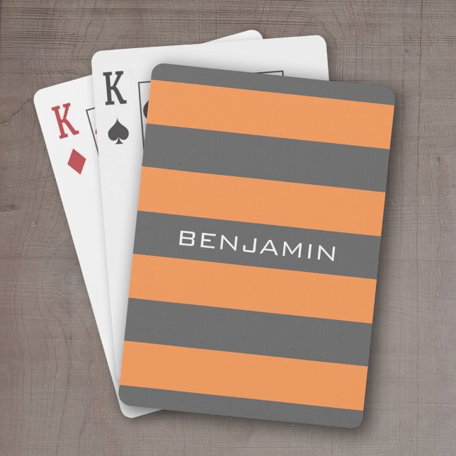 Baraja De Cartas Bandas de rugby naranja y gris con nombre personal (Personalized playing cards - sporty, preppy stripe pattern with name. Great gift for the guys!)