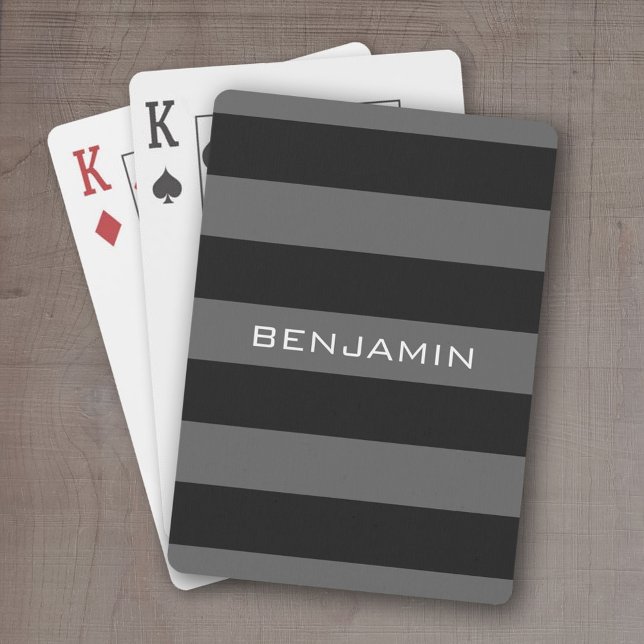 Baraja De Cartas Bandas de rugby negras y grises con nombre persona (Personalized playing cards - sporty, preppy stripe pattern with name. Great gift for the guys!)