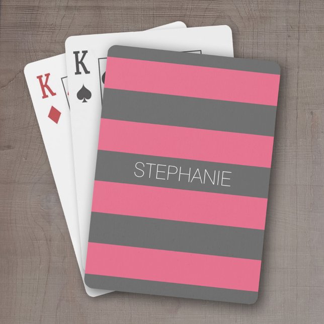 Baraja De Cartas Bandas de rugby rosadas y grises vibrantes con nom (Personalized playing cards - sporty, preppy stripe pattern with name. )