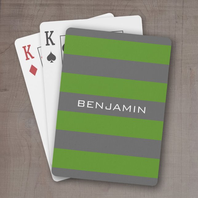 Baraja De Cartas Bandas de rugby verdes y verdes con nombre persona (Personalized playing cards - sporty, preppy stripe pattern with name. Great gift for the guys!)