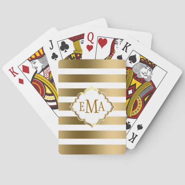 Baraja De Cartas Bandas Geométricas Monogramadas De Oro Y Blanco (Reverso)