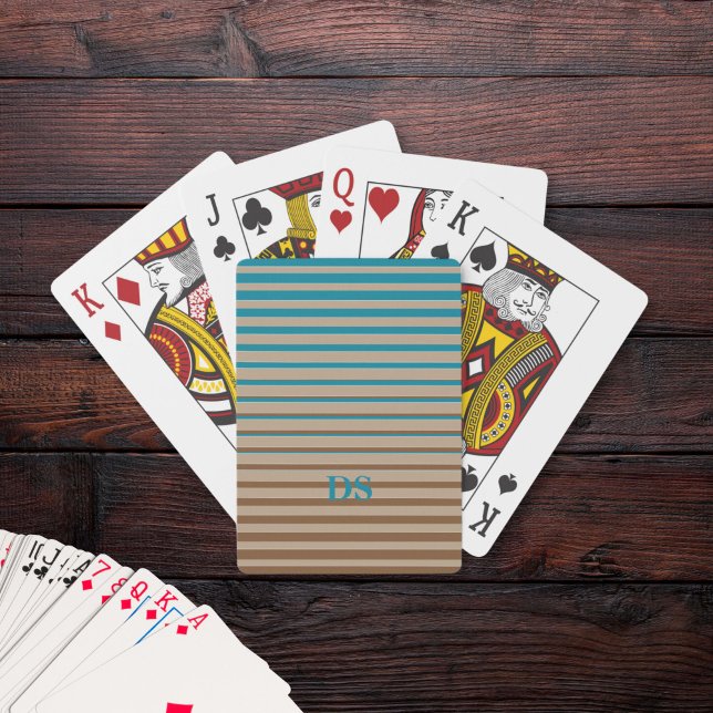 Baraja De Cartas Bandas horizontales Monograma marrón y azul (monogrammed playing cards in brown and blue)