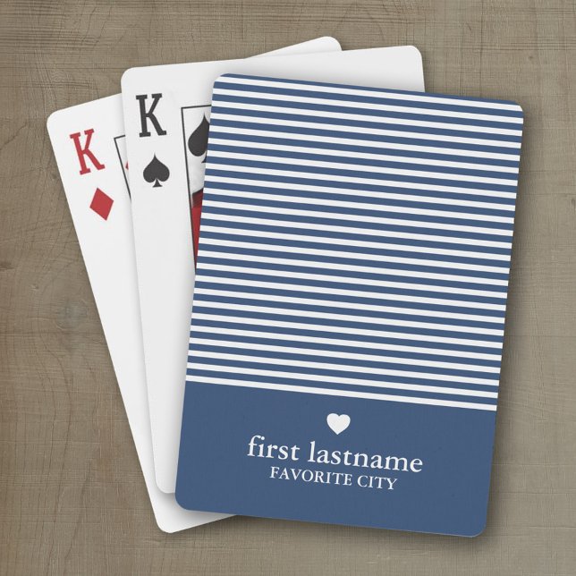 Baraja De Cartas Bandas modernas con marina de monograma cardíaco d (Personalized playing cards with a modern stripe pattern and a place for a name or monogram)