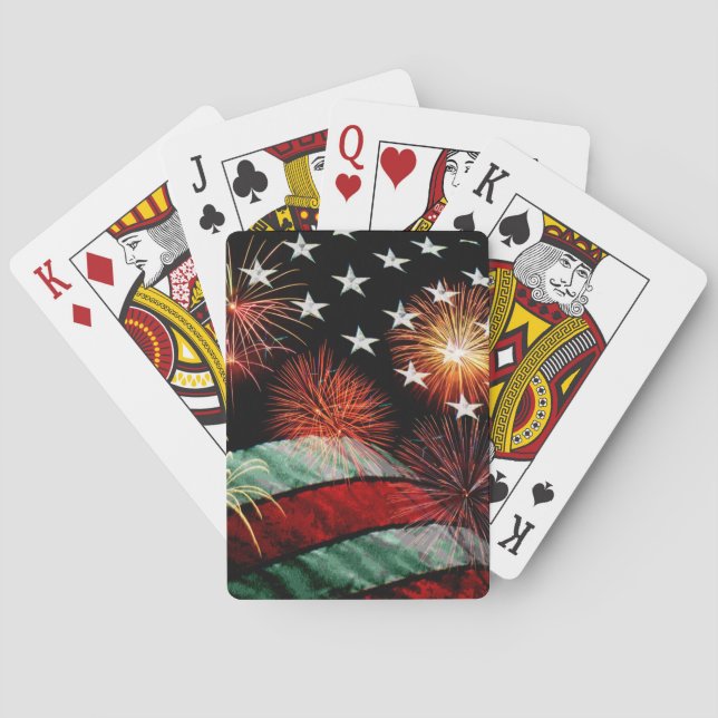 Baraja De Cartas Bandera americana con los fuegos artificiales (Reverso)