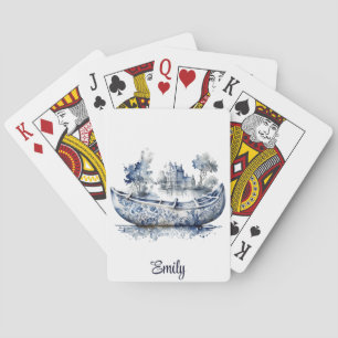 Baraja De Cartas Barco de estilo Delft azul y blanco con escena en 