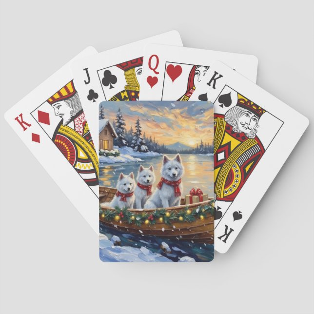 Baraja De Cartas Barco de Navidad de Samoyedo Blanco Fiesta (Reverso)