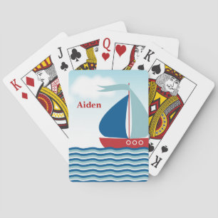 Baraja De Cartas Barco de vela rojo y azul en olas de agua, persona