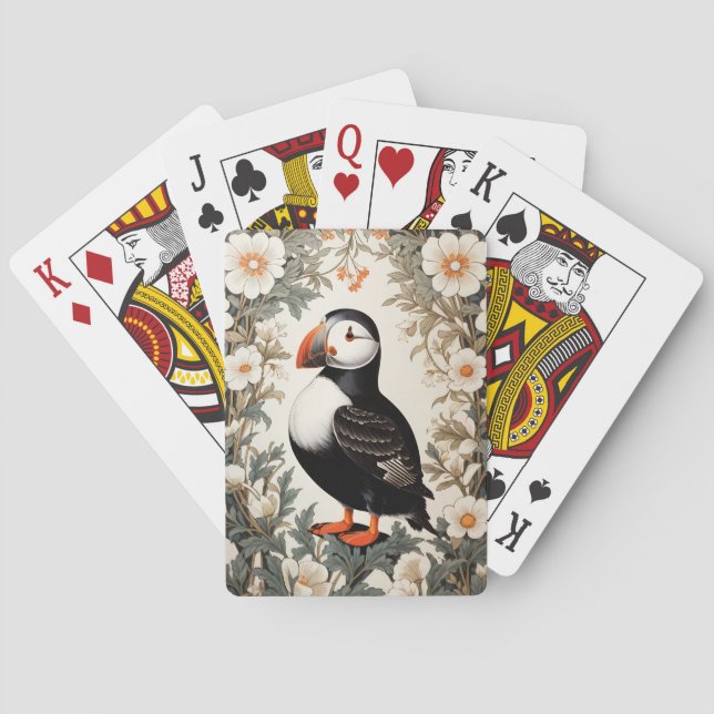 Baraja De Cartas Beautiful Atlantic Puffin White Flowers (Reverso)