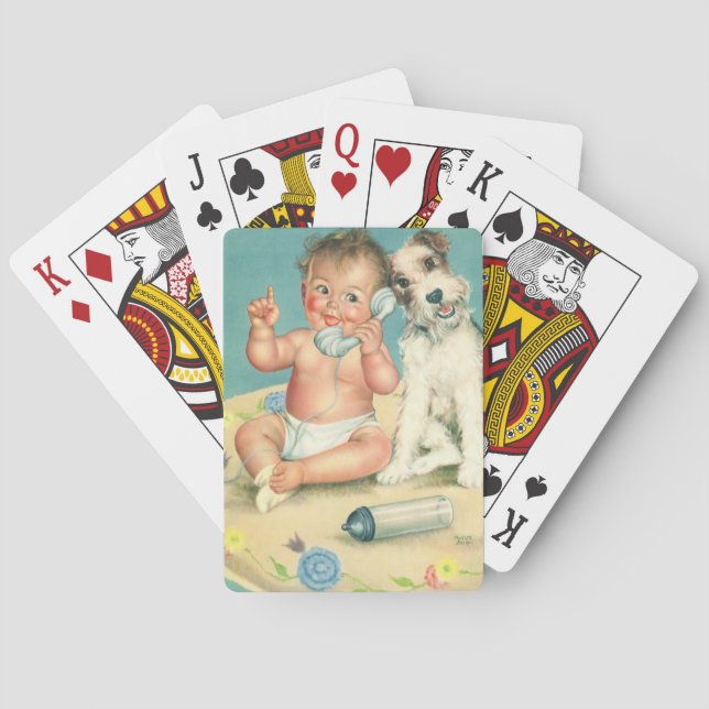 Baraja De Cartas Bebé lindo y ventilado habla por teléfono con perr (Reverso)