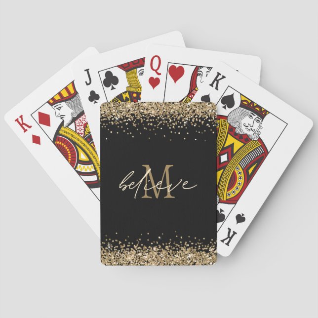 Baraja De Cartas Belig Script Monograma Primer Purpurina de oro Neg (Reverso)