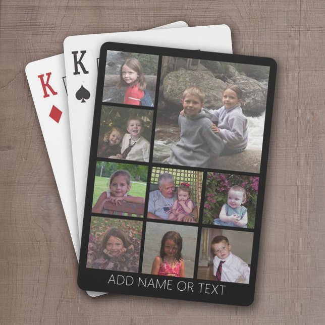 Baraja De Cartas Black 9 Photo Square Collage simple texto en blanc (9 Photo playing cards -- personalize with your name)
