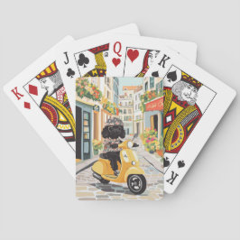 Baraja De Cartas Black Doodle Riding Scooter European City Streets