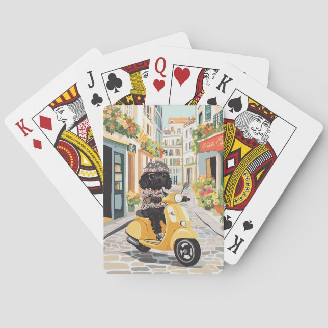 Baraja De Cartas Black Doodle Riding Scooter European City Streets (Reverso)