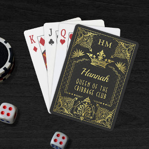 Baraja De Cartas Black Gold Monograma Crown Nombre personalizado Te