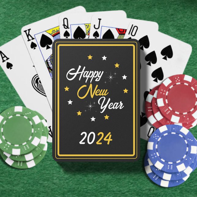 Baraja De Cartas Black White & Gold Star Feliz Año Nuevo 2024 (Black White & Gold Star Happy New Year 2024 Playing Cards)