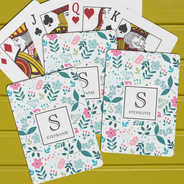 Baraja De Cartas Blue and Pink Floral Pattern with Monogram Name (Subido por el creador)