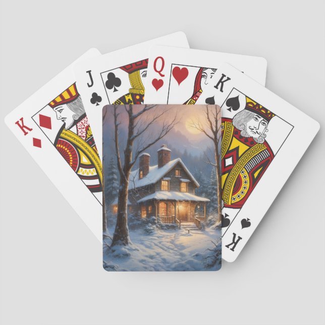 Baraja De Cartas Blue Brown Rustic Winter Cabin Snow Painting  (Reverso)