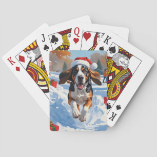 Baraja De Cartas Bluetick Coonhound corriendo en la nieve con Navid