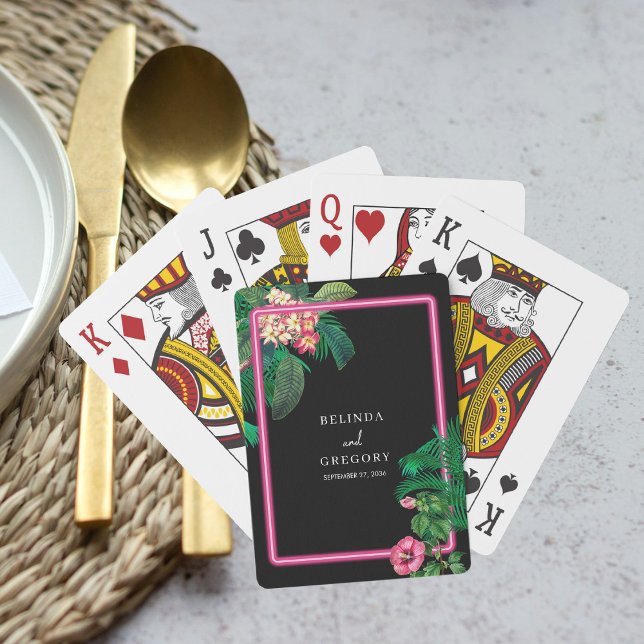 Baraja De Cartas Boda Botánico Retro Tropical Neón Rosa (Neon Pink Tropical Retro Botanicals Wedding Playing Cards)