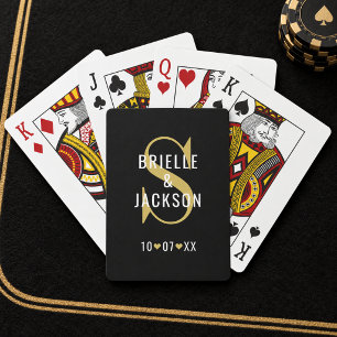 Baraja De Cartas Boda con Monograma Negro y Dorado en Negrita