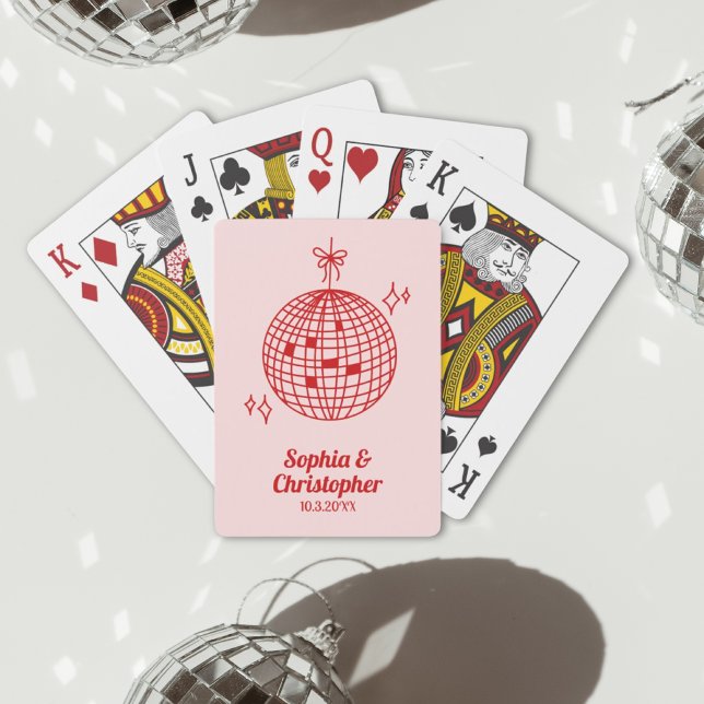 Baraja De Cartas Boda de bolas Retro Rosa y Red Disco Personalizado (Retro Pink & Red Disco Ball Wedding Personalized Playing Cards
)