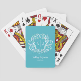 Baraja De Cartas Boda de Cima Botánico Turquesa Monograma Cresta