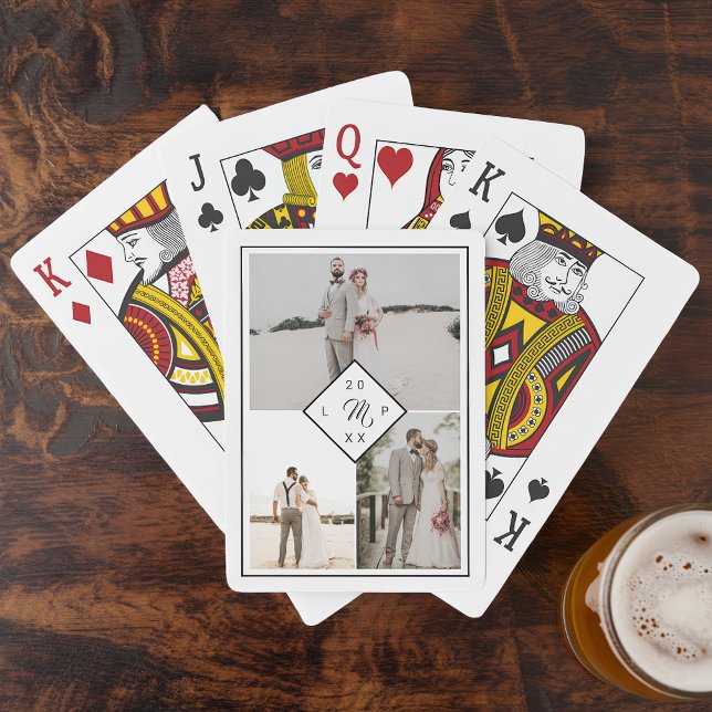 Baraja De Cartas Boda de collage de fotografías en monograma clásic (Classic monogram 3 photo grid collage wedding poker cards)