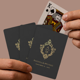 Baraja De Cartas Boda elegante monograma de oro falso negro en Cres