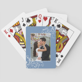 Baraja De Cartas Boda fotográfico azul y floral blanco