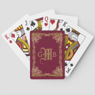 Baraja De Cartas Boda Monograma clásico marco dorado Borgoña