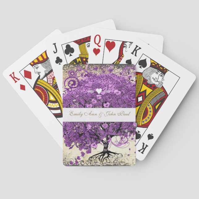 Baraja De Cartas Boda radiante púrpura romántico de hoja cardíaca (Reverso)
