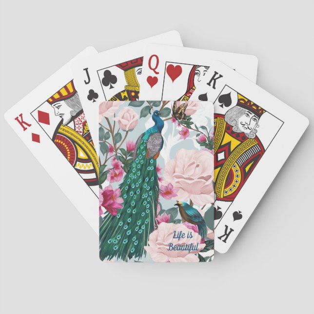 Baraja De Cartas Bonitas tarjetas de juego con flores de pavo real (Reverso)