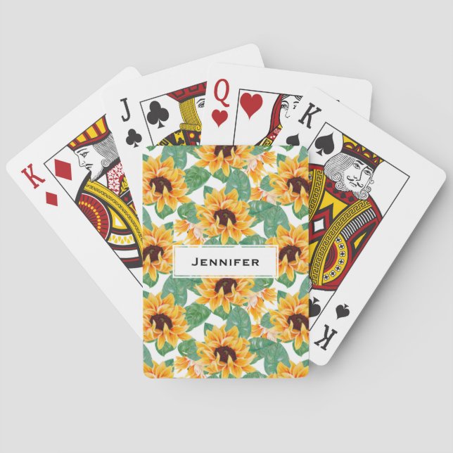 Baraja De Cartas Bonito Sunflower Patrón amarillo y verde (Reverso)