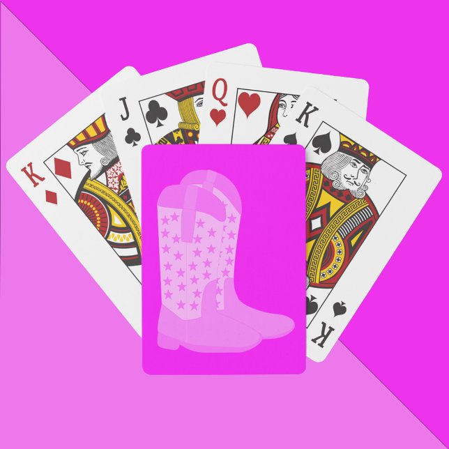 Baraja De Cartas Boots de vaquero con estrellas en fondo rosado (A deck of playing cards with a pair of pink cowboy boots on a pink background.)