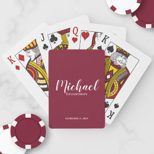 Baraja De Cartas Borgoña Rojo Moderno Script Personalizado Groomsme