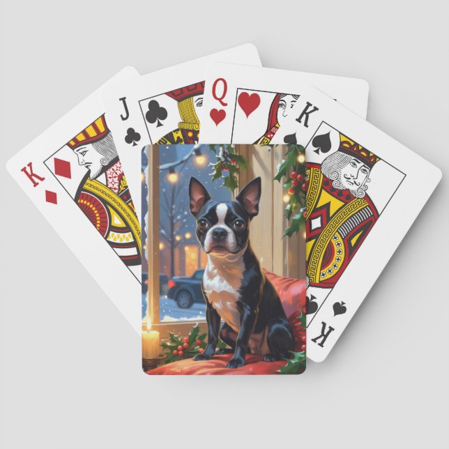 Baraja De Cartas Boston Terrier con vacaciones de Navidades ilumina (Reverso)