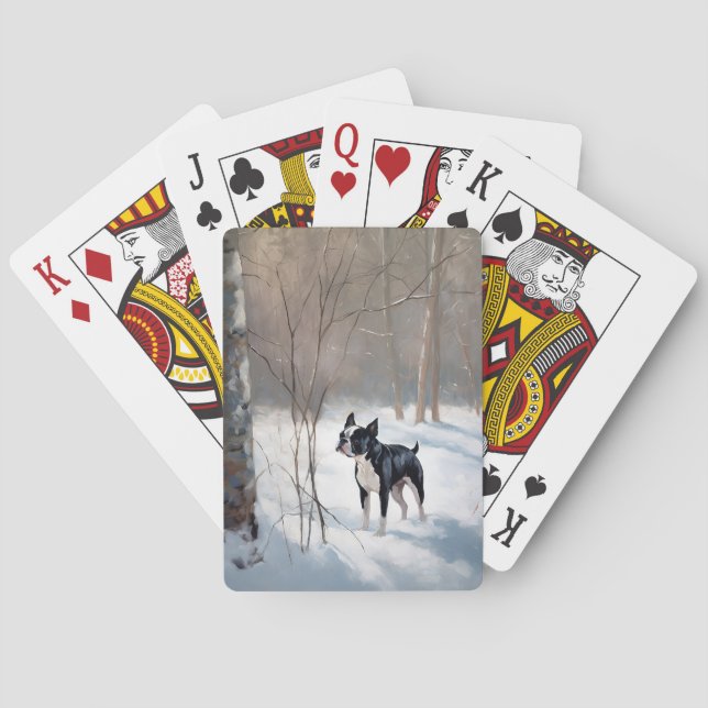 Baraja De Cartas Boston Terrier Deja que nieve Navidad (Reverso)