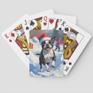 Baraja De Cartas Boston Terrier  Escena Navideña Festiva de Nieve