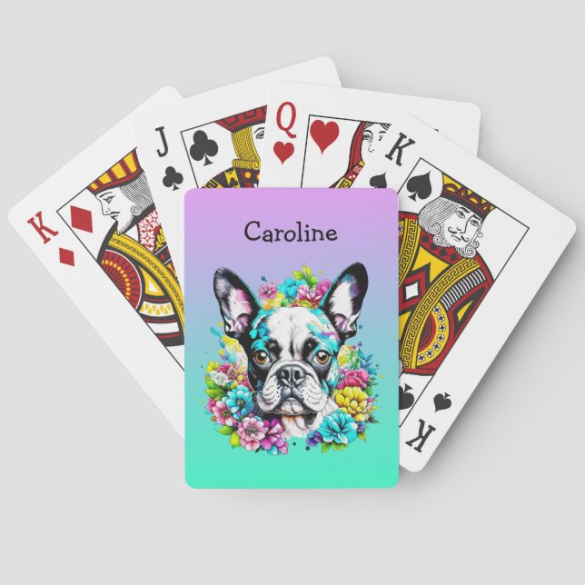 Baraja De Cartas Boston Terrier rodeado de flores personalizadas (Reverso)