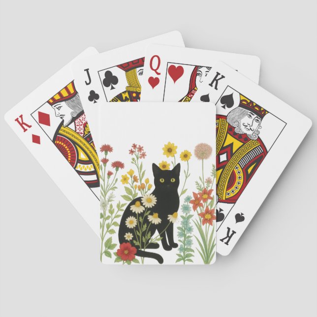 Baraja De Cartas Botanical Nature – Black Cat in Wildflower Garden (Reverso)