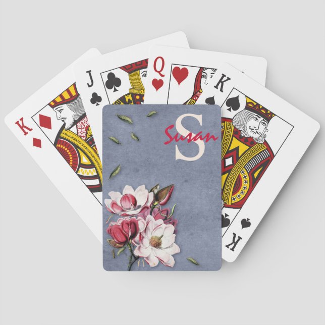 Baraja De Cartas Botánicos de Artsy Monogramados Estampados Azul (Reverso)